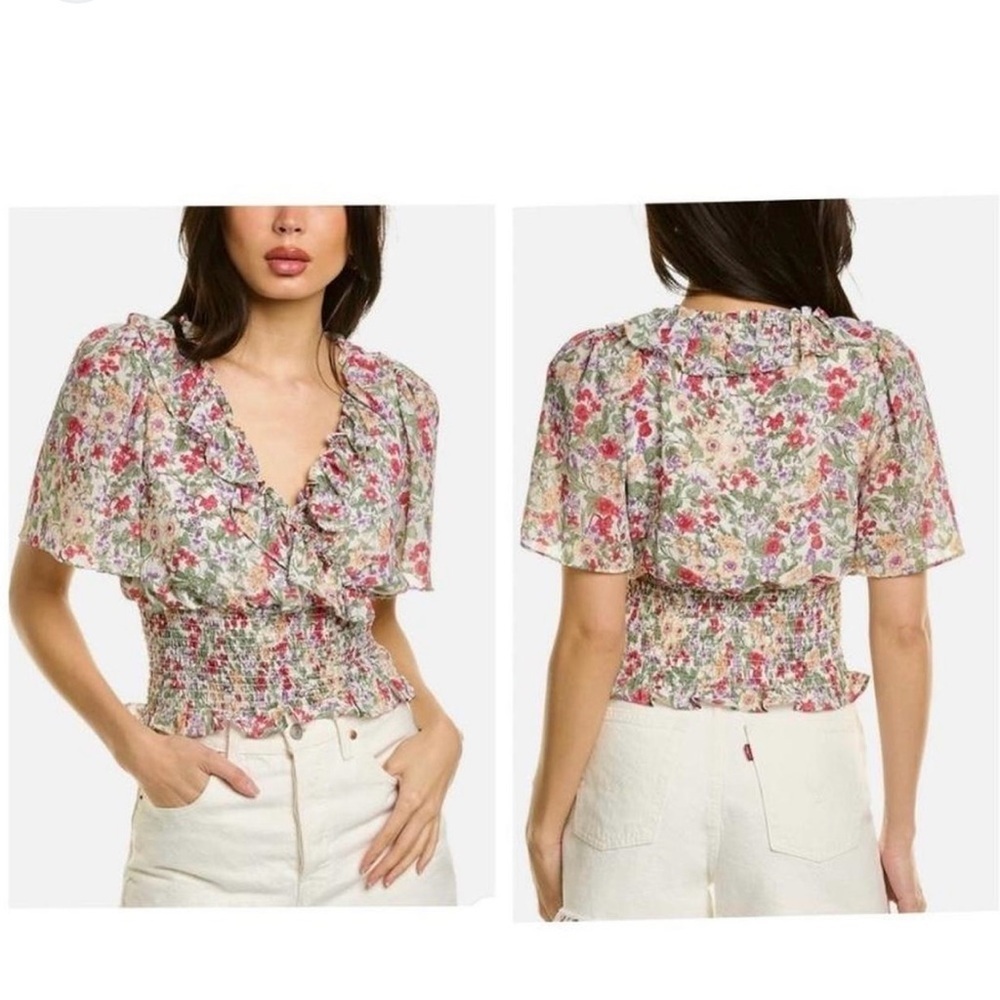 Astr Cream and Green Ruffled Smocked Blouse​​​